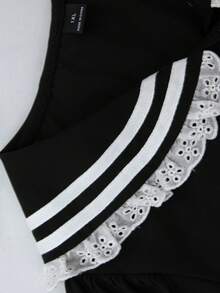 Sweetra CURVE Áo babydoll mùa hè màu đen dễ thương dành cho nữ, phối sọc tương phản, kiểu dáng học sinh, cổ áo thủy thủ và viền ren tương phản. - màu đen - Xem 3