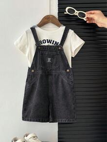 SHEIN 男童修身蓝色牛仔背带短裤 - 黑色 - 查看 4