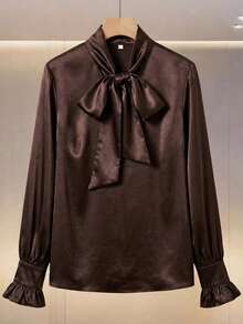 Aveloria Zanirela Hochwertig designte Bluse mit Rüschenkragen und Goldknöpfen, eleganter Pendler-Stil - Braun - Übersicht 9