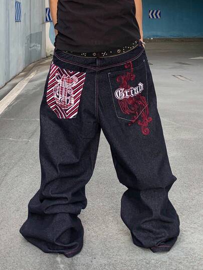 Street Life Jeans holgados y sueltos con bolsillo bordado para hombres