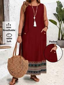 EMERY ROSE 休闲复古浪漫印花加大码女式圆领无袖长款连衣裙，红色长款连衣裙，吊带长款连衣裙，新年连衣裙，夏季连衣裙 - 彩色 - 查看 1