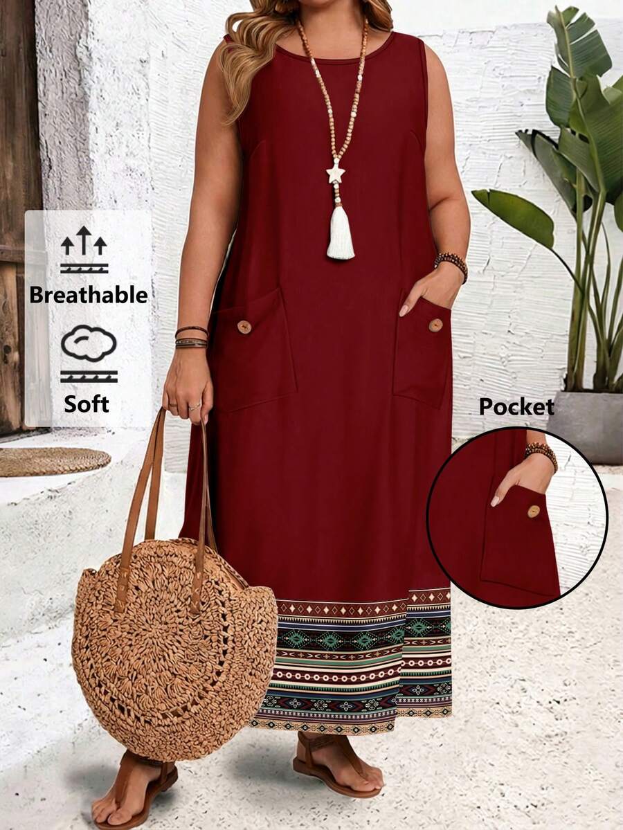 EMERY ROSE 休闲复古浪漫印花加大码女式圆领无袖长款连衣裙，红色长款连衣裙，吊带长款连衣裙，新年连衣裙，夏季连衣裙 - 彩色 - 查看 1