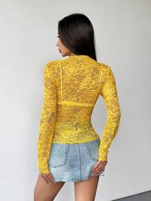 EgrlEra 女士蕾丝弹力牡丹花卉薄纱性感上衣（随机裁剪） - 黃色 - 查看 2