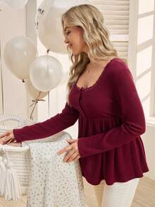 SHEIN Blusa de lactancia de cuello cuadrado de unicolor y largo con adorno de encaje y botones delanteros - Burdeos - Ver 4