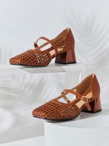 SHUZIA Ladies Crochet Raffia Mary Jane Pumps Valentine's Day Summer Shoes - Maroon - View 7