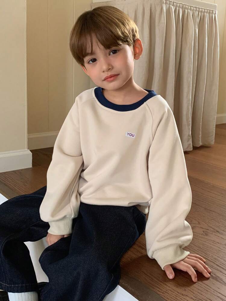 Young Boy Casual Daily Commute Letter Graphic Contrast Round Neck Raglan Sleeve Loose Sweatshirt