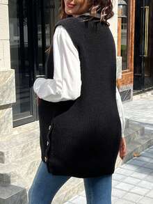 SHEIN Maternity Casual Minimalist Button Decor V-Neck Sweater Vest, Autumn - Black - View 2