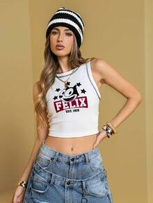Felix The Cat X SHEIN Women's Casual Daily Commute Fashion Street Funny Cartoon Letter & Star Print Contrast Stitch Fitted Cropped Tank Top, Summer - White - View 5