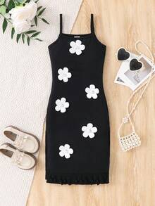 Emery Rose Kids Emery Rose Kids Đầm dự tiệc dáng ôm cổ yếm in hoa thanh lịch dành cho bé gái, dây mảnh, chân váy xòe có nơ, thích hợp mặc hàng ngày. - màu đen - Xem 7