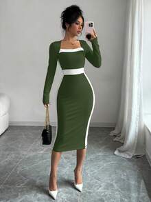 Elenzga 方领撞色修身性感女式连衣裙长款套装 - 橄欖綠 - 查看 4