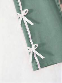 Genkimix Kids Áo thun ngắn tay cổ tròn màu đen giản dị hàng ngày cho bé gái kèm nơ 3D và quần ống đứng rộng rãi bộ mùa hè - màu xanh lá - Xem 5