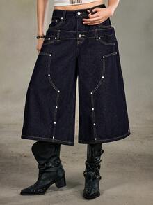 ROMWE EDITION Quần short jeans lửng dáng rộng, cạp đôi kiểu thợ rừng Mỹ cổ điển dành cho nữ, trang phục đường phố mùa hè. - Màu xanh lam - Xem 5