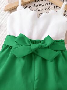 SHEIN Bộ áo hai dây màu trắng dễ thương và quần short cạp chun cho bé gái, mùa hè - màu xanh lá - Xem 6