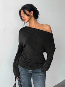 Aloruh Women's Pleated Dark Grey Knit Casual Oblique Shoulder Long Sleeve Top - Dark Grey - View 6