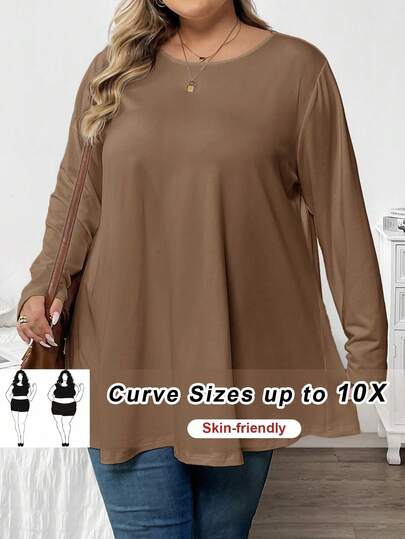 SHEIN CURVE+ Plus Size Women's Solid Color Round Neck Long Sleeve Casual Loose Fit T-Shirt