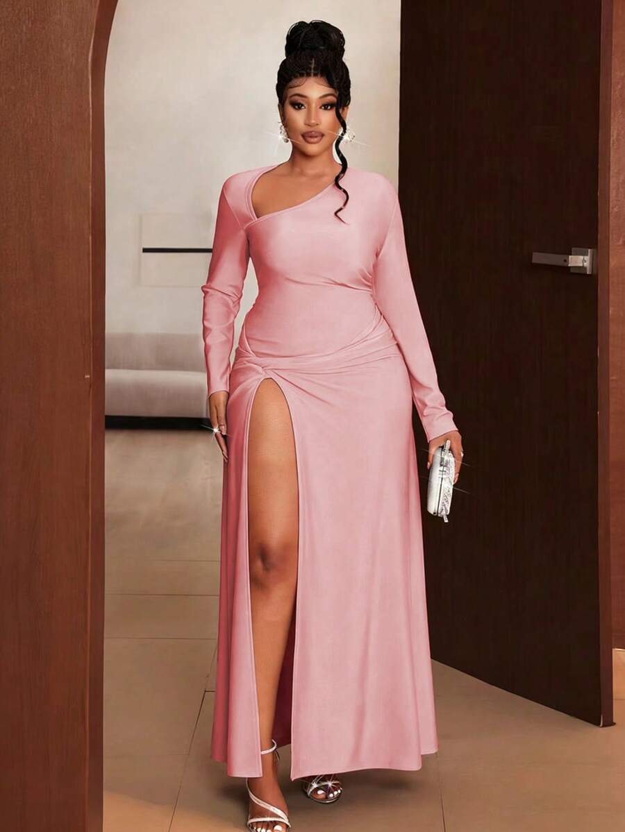Maweii Vestido formal sexy de talla grande para mujer con cuello asimétrico en color rosa sólido, con abertura y detalle de torsión, para primavera/verano - Rosa - Ver 1
