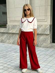 SHEIN European And British Style New Red Round Neck Raglan Short Sleeve Shirt Jumpsuit With Bow Splice Top And Red Pants Jumpsuit - Red and White - View 3