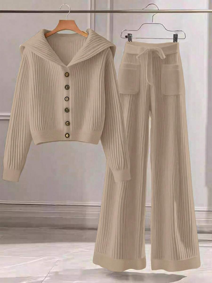 Franclia 2 件套女士休闲纯色针织毛衣套装，有领纽扣开衫和前蝴蝶结口袋针织裤 - 卡其色 - 查看 1