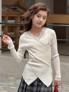 DAZY Tween Girls Asymmetric Collar Lace Patchwork Long Sleeve Sweater, Elegant & Graceful, Autumn/Spring - Beige - View 6