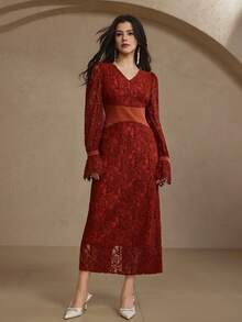 DAZY 女士优雅蕾丝撞色拼接V领泡泡袖中长连衣裙，春夏吊带裙 - 亮橙色 - 查看 5