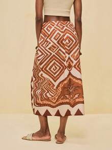 Vesra All-Over Print High Slit Skirt, Suitable For Party & Holiday - Brown - View 2