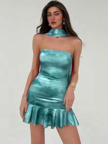 Aloruh Đầm ngắn cúp ngực thanh lịch dành cho nữ, họa tiết nhuộm tie-dye, viền bèo nhún, thích hợp cho kỳ nghỉ biển. - Nhiều màu - Xem 6