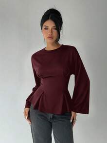 Aloruh Women's Casual Round Neck T-Shirt With Ruched Waist, Solid Color T-Shirt For Daily Commute And Home Wear, Long Sleeve Knit T-Shirt With Floral Mesh Burgundy Blouse - Burgundy - View 3