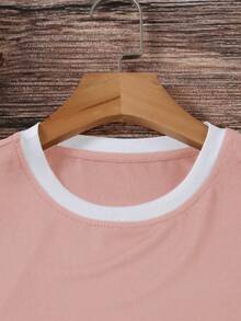 Women's Heart Print Short Sleeve Colorblock Round Neck T-Shirt - Multicolor - View 3