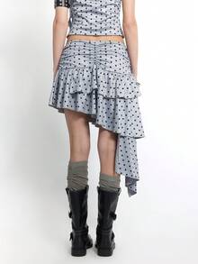 Bloopia Women's Summer Casual Fashionable Street Style Polka Dot Print Ruffle Hem Asymmetric Hem Skirt - Light Grey - View 2