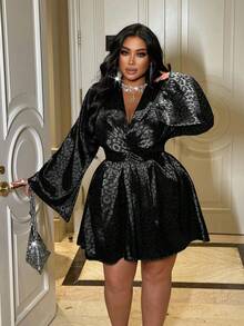NU&NOW Plus Size Sexy Leopard Print Deep V-Neck Long Sleeve Dress, Black - Black - View 3