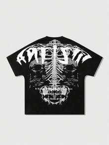 ROMWE MEN ROMWE Avant 男士时尚骷髅标语印花T恤，夏季 - 黑色 - 查看 3