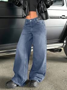 CasuGlow Retro Loose Straight Versatile Low Waist Y2K Washed Wide-Leg Jeans - Baby Blue - View 7