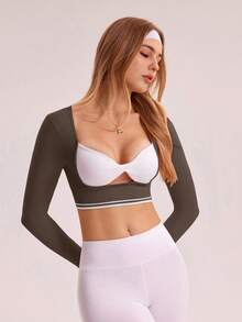 Sovereign Charm 女士撞色长袖短款修身休闲上衣，夏季 - 棕色 - 查看 3