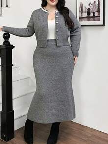 Feyla 大码女式优雅仿珍珠纽扣开衫和裙装套装，适合工作和通勤，秋冬季 - 灰色 - 查看 3