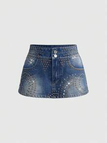 ROMWE Grunge Punk Chân váy denim ngắn nữ thời trang, gợi cảm, đính đá lấp lánh, chi tiết đinh tán, túi lệch vai, thích hợp cho mùa hè. - Màu xanh lam - Xem 1