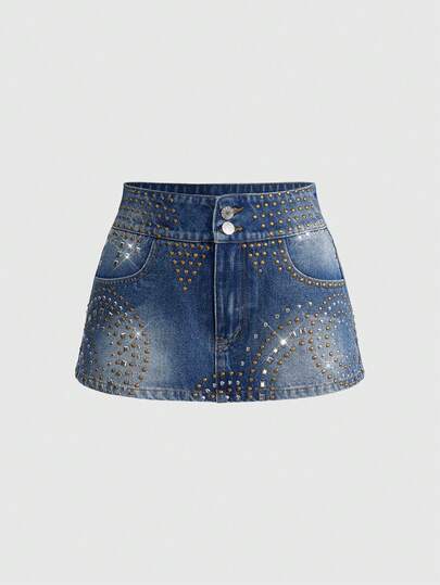 ROMWE Grunge Punk Women's Fashionable Sexy Washed Rhinestone Rivet Detail Asymmetric Pocket Mini Denim Skirt, Summer