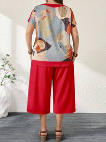 Breezaya Plus Size Women 2 Pieces Set - Geometric Print Short Sleeve Top And 3/4 Pants, Spring/Summer - Multicolor - View 2
