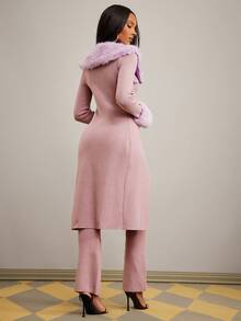 NYA SZN Matching Set (Jacket & Pant) Jacket Top Long Sleeve Fitted Faux Fur Collar Trim Pants High Rise Straight Leg Slim Purple Knitwear Knit Rib Knit Holiday Festive Winter Valentines Day Special Occasion Party Y2K Outfits For Women