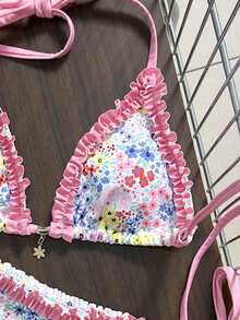 Swim Mod 女士新款格子荷叶边V领露背三角裹身系带比基尼泳衣两件套，春夏款 - 彩色 - 查看 4