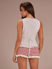 Athîral Áo nữ kiểu dáng thường ngày, khoét ngực, viền bèo nhún, buộc dây phía trước, màu trắng, thiết kế khoét ngực với viền nhún, chất liệu vải dệt mềm mại, thoải mái, thiết kế khoét ngực cá tính, thích hợp cho Lễ Tình nhân, đi biển, áo trắng, đi biển. - trắng - Xem 2