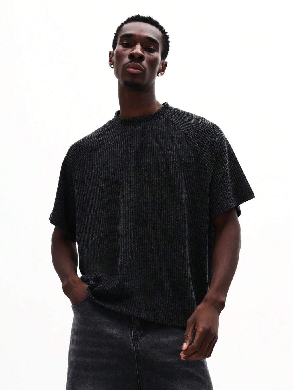 Ribbed Knit Short Sleeve Crew Neck Top