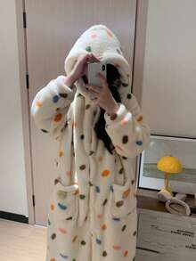 一件彩色波点雪尼尔绒毛睡衣 - 长袖羊毛冬季睡衣，带腰带，适合家庭休闲穿着。法兰绒、羊毛、天鹅绒、绒毛材质，柔软保暖，适合年轻女孩和学生，是生日、节日、情侣/闺蜜的舒适礼物。 - 彩色 - 查看 8