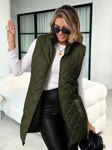 SHEIN Clasi 女式绗缝拉链夹棉背心夹克，秋冬休闲装 - 軍綠色 - 查看 6