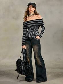 ROMWE Grunge Punk Top ajusté froncé à l'épaule dénudée avec imprimé portrait rayé punk vintage - Noir - Voir 7