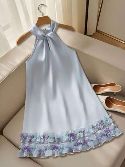 SHEIN Tween Girl Elegant Solid White Halter Neck Beaded Back Bow A-Line Sleeveless Dress Valentine's Day  Vacation