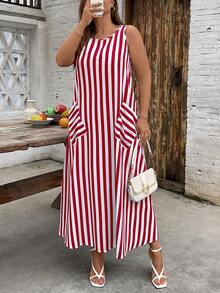 EMERY ROSE Plus Size Red Striped Sleeveless Tank Dress With Pockets Long Casual Summer Dress - Red - View 1