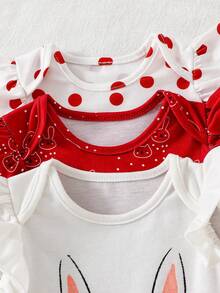 SHEIN 3件套新生女宝宝可爱卡通图案针织连体衣套装，夏季