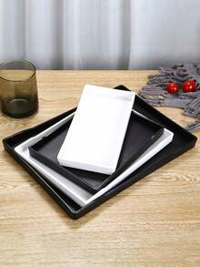 1pc, Simple Plastic Black And White Imitation Wood Grain Bottom Anti Slip Square Tray, Hotel Tea Cup, Towel Rectangular Tray, Cup, Hotel, Room Toiletries Storage - Multicolor - View 6