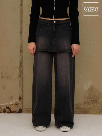 COUREZ Minifalda sobre jeans anchos en lavado gris