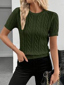 SHEIN Cottnline Blogger-Inspired Twist Rope Decor Round Neck Knit Sweater, Versatile For Autumn/Winter - Army Green - View 7